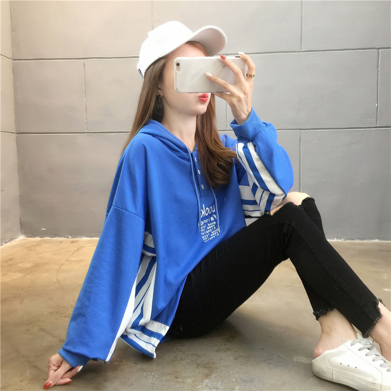 First real shot of 6535 fish scale hooded thin sweatshirt for women spring new style stitching contrasting color trendy brand