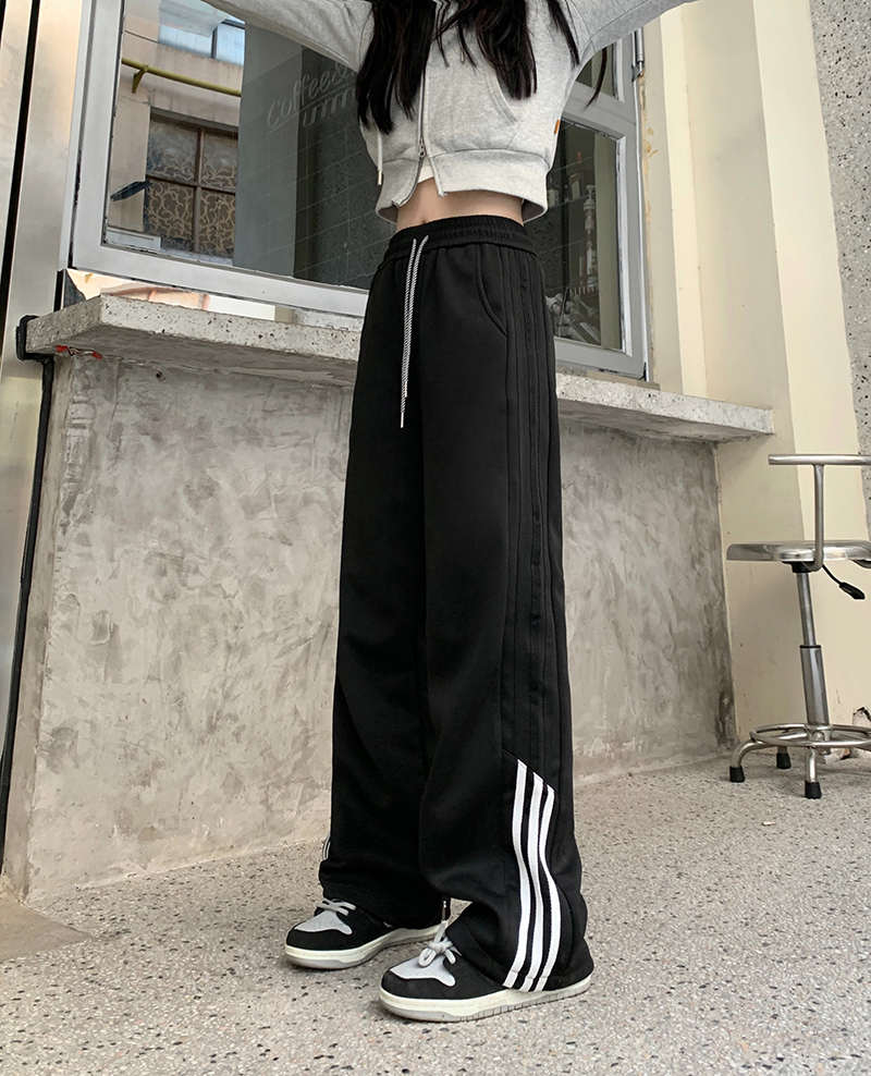 Real shot Chinese cotton composite American striped new loose straight sports pants casual trousers