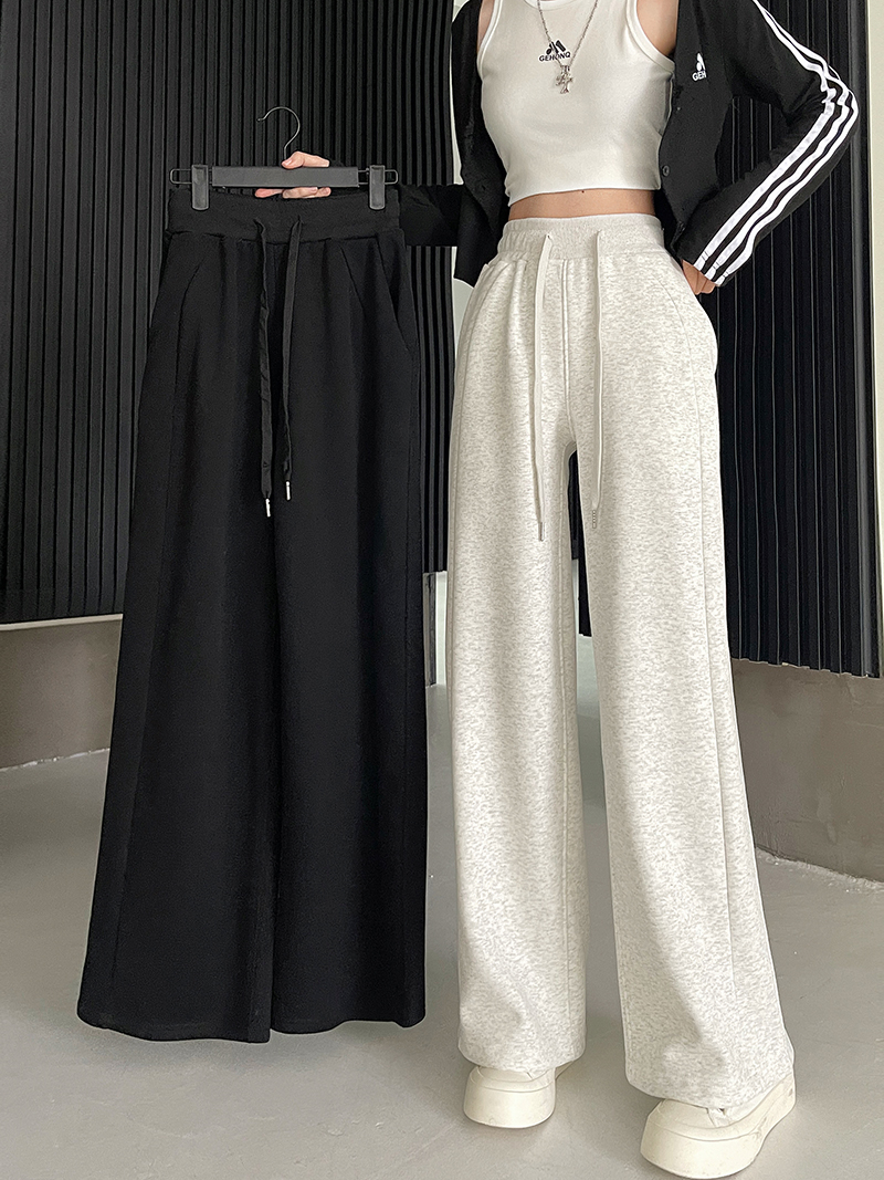 Real shot Chinese cotton composite casual sweatpants women's lazy elastic waist wide legs slightly flared floor-length trousers