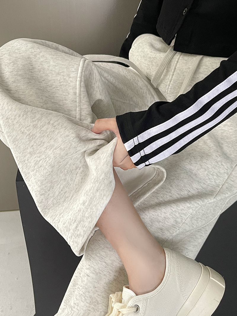 Real shot Chinese cotton composite casual sweatpants women's lazy elastic waist wide legs slightly flared floor-length trousers