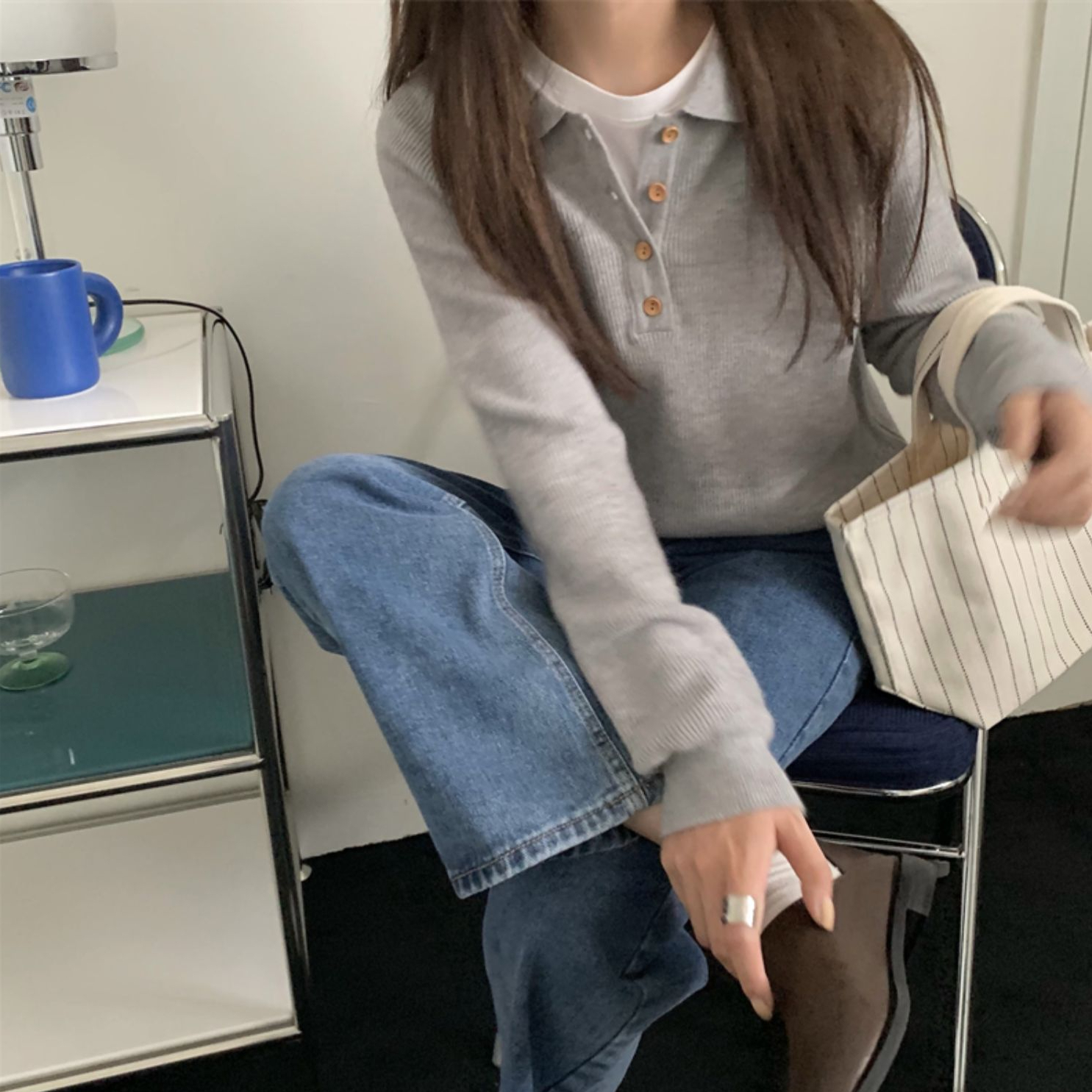 Gray polo lapel sweater for women 2024 spring Korean style loose long-sleeved inner soft waxy sweater jacket
