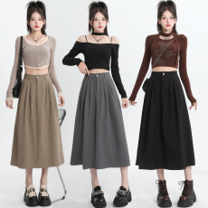 批发灰色中长款<b class='q'>半身裙</b>女2026春夏新款高腰<b class='q'>百褶</b>a字裙遮胯纯色大摆伞裙