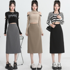 批发灰色半身裙女秋季2026春夏显瘦高腰<b class='q'>中长款</b>包臀职业西装一步a字裙