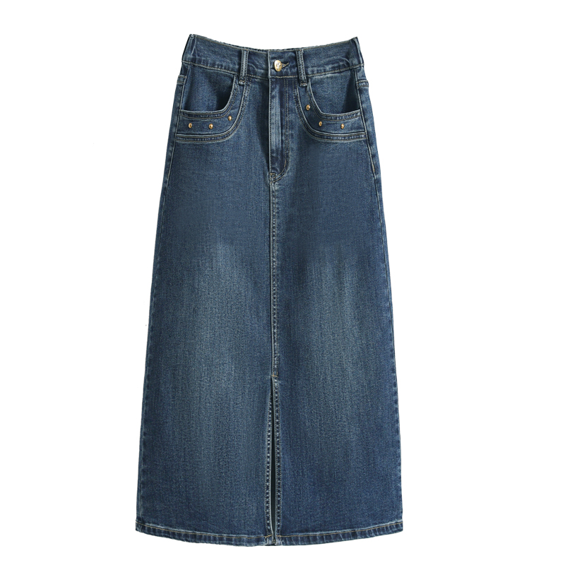 Actual shot of new summer plus size women's clothing for fat girls, loose mid-length skirt, elastic waist, slit denim skirt