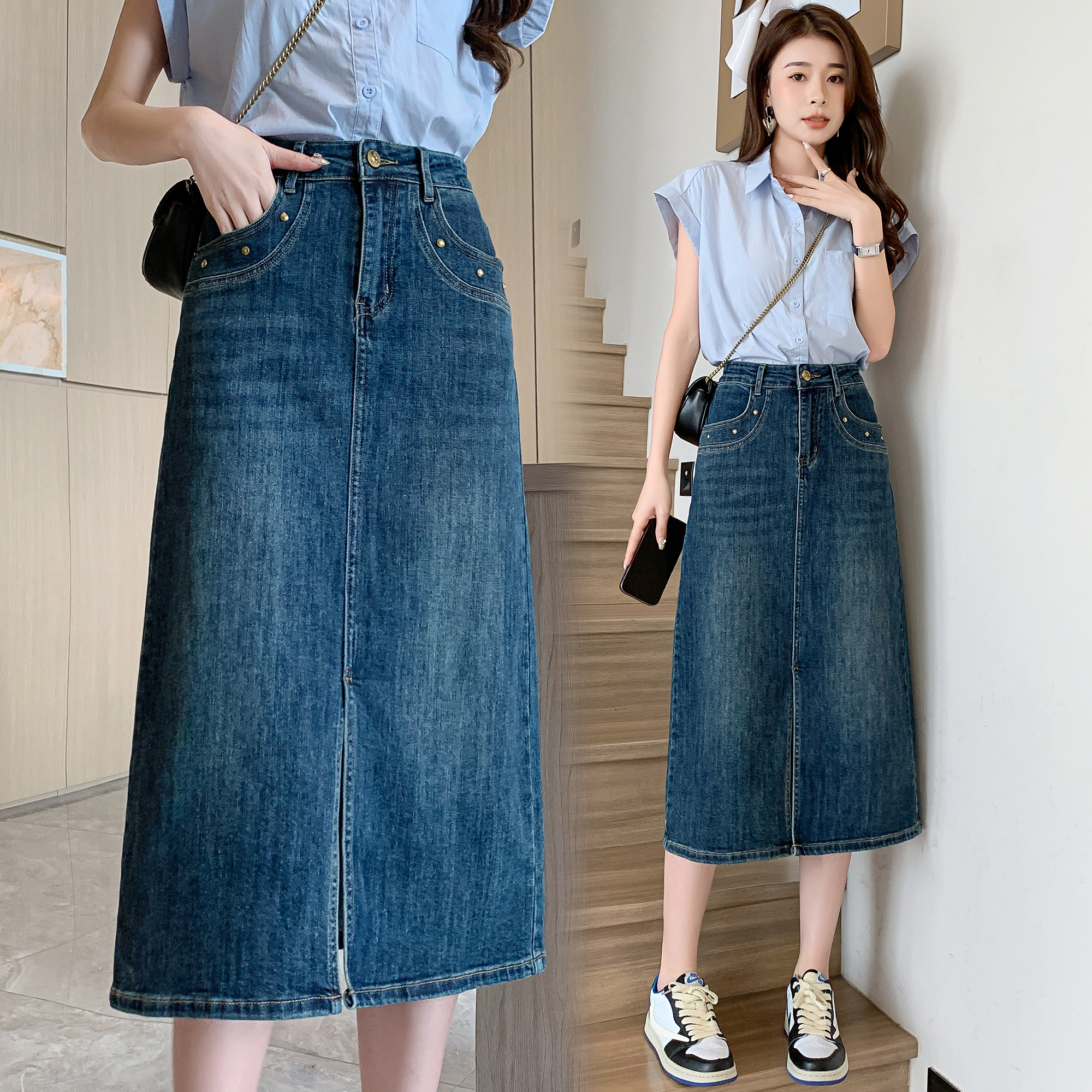 Actual shot of new summer plus size women's clothing for fat girls, loose mid-length skirt, elastic waist, slit denim skirt