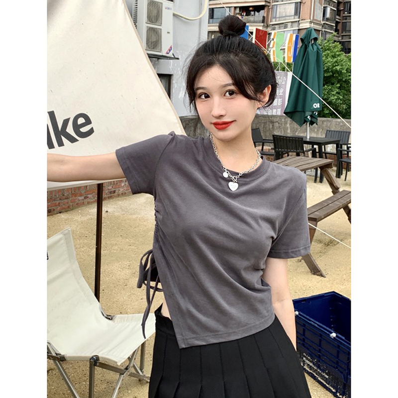 小個子洋氣下擺不規則抽繩短款修身T恤女百搭開叉短袖上衣純色ins