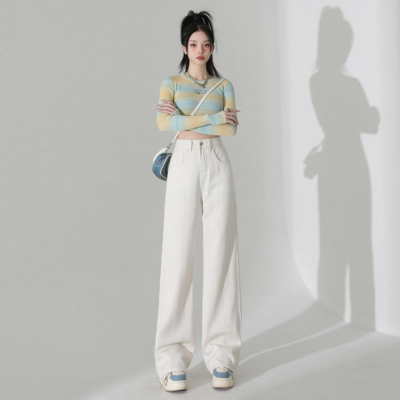 實拍~提花白色天絲春季2024新款韓版高腰牛仔褲女寬鬆闊腿拖地褲