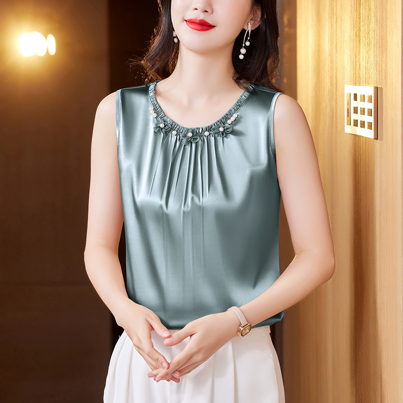 MY17412# 新款订珠花朵小背心内搭春夏真丝缎面大码外穿无袖上衣女裝貨...