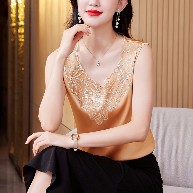 MY17409# 新款烫钻小背心内搭春夏真丝缎面大码外穿无袖上衣女裝貨源服...