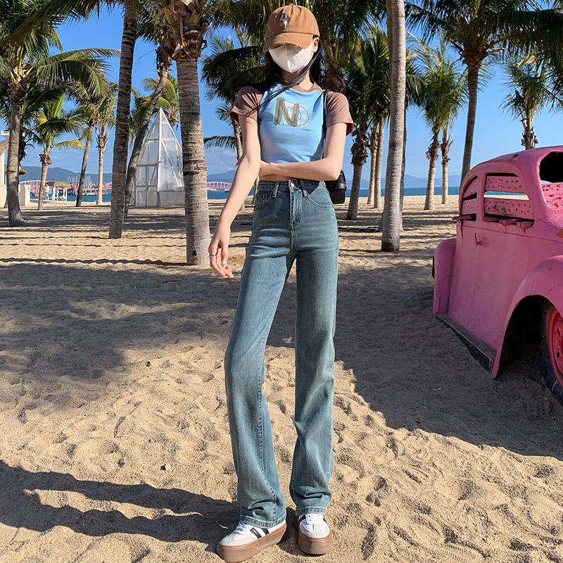 實拍~復古藍牛仔直筒褲女2024春季新款高腰設計感個性皮牌長褲子