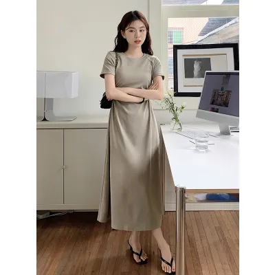 实拍实价2024夏季韩版简约设计感小心机露腰纯色棉质长款连衣裙