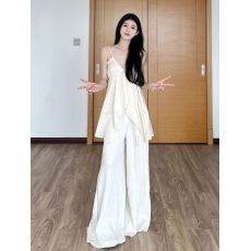 批发慵懒风休闲套装春<b class='q'>夏</b>宽松V领吊带上衣低腰拖地感阔腿裙裤两件套女