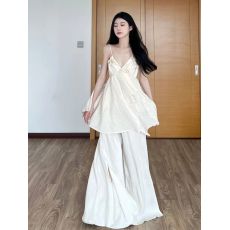批发慵懒风休闲套装春<b class='q'>夏</b>宽松V领吊带上衣低腰拖地感阔腿裙裤两件套女
