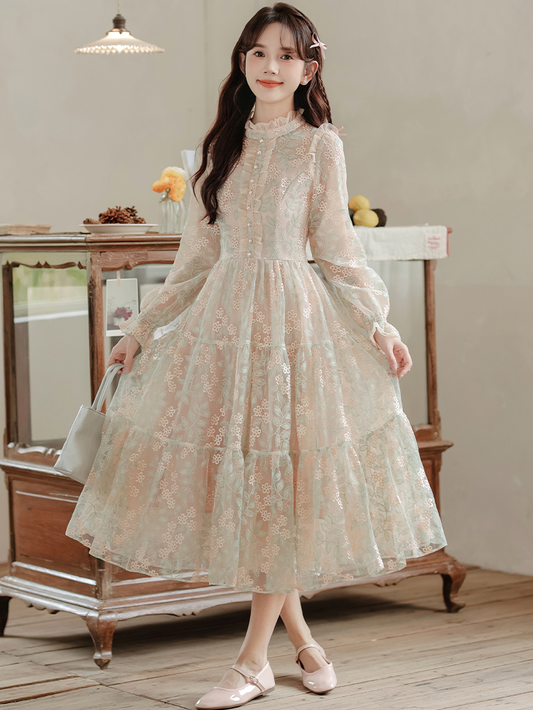 2025 봄 새로운 망사 무거운 작업 자수 중간 길이 드레스 요정 가스 달콤함 연령 감소 공주 드레스