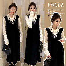 批发实拍大货~<b class='q'>春</b>秋孕妇连衣裙大码polo领黑色荷叶边针织长裙小黑裙