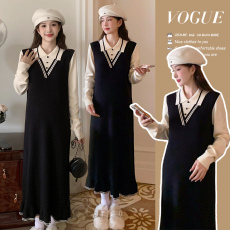 批发实拍大货~<b class='q'>春</b>秋孕妇连衣裙大码polo领黑色荷叶边针织长裙小黑裙