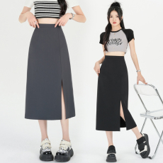 批发黑色开叉半身裙女小个子春夏新款设计感中长款高腰a字包臀<b class='q'>长裙</b>子