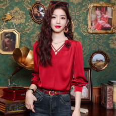 批发2025新款<b class='q'>韩国</b>气质纯色V领立体花朵套头长袖<b class='q'>雪纺衫女</b>春季薄款上衣