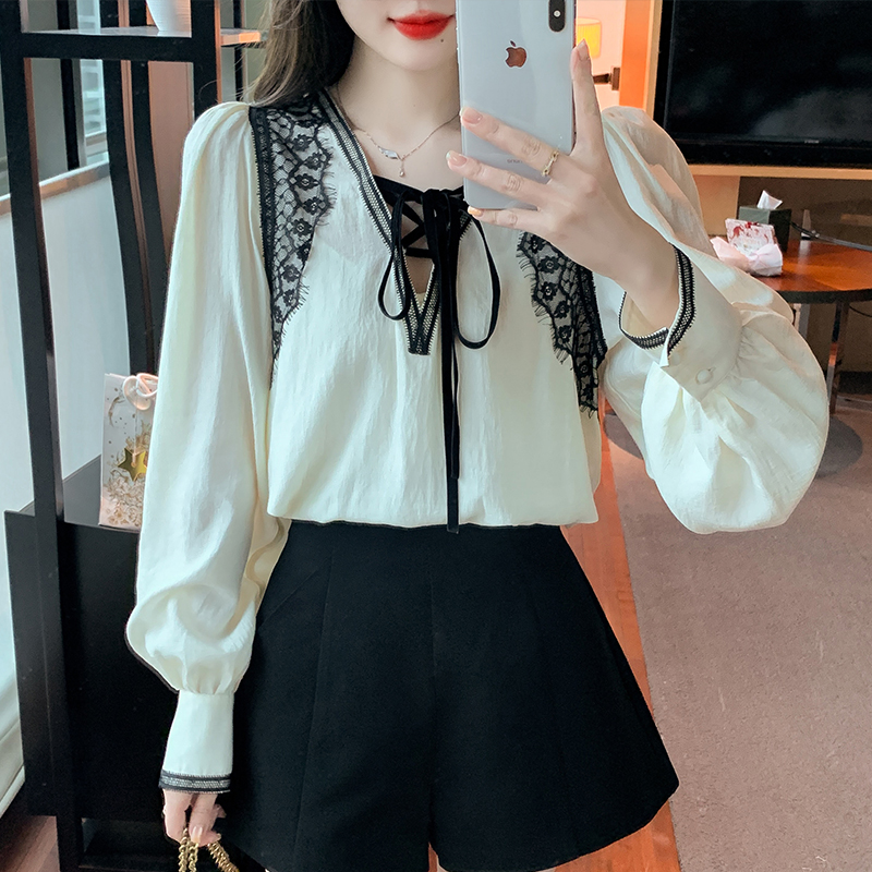 PF19097#蕾丝边衬衫女宽松长袖杏色v领绑带上衣纯色拼接系带衬衣女裝貨源服裝批發