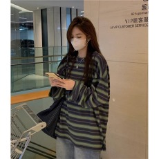 批发官图条纹长袖t恤女春秋薄款2026新款韩版潮圆领上衣<b class='q'>大码</b>女装200斤
