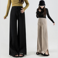 批发实拍2025秋冬新款高腰加厚开叉针织孕妇裤外穿直筒休闲阔腿拖地裤