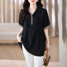 批发实拍新款胖mm大码女装简约撞色<b class='q'>T</b><b class='q'>恤</b>上衣减龄遮胯<b class='q'>短袖</b><b class='q'>雪纺</b><b class='q'>衫</b>