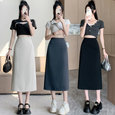 批发<b class='q'>实拍</b>半身裙女早秋2025新款显瘦高腰中长款职业西装一步开叉a字裙