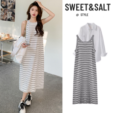 批发实拍春装新款大码女装显瘦背心针织连衣裙+防晒长袖衬衣两件套