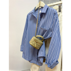 批发原版布料做法蓝色条纹正肩衬衫外套女春秋慵懒风衬衣长袖上衣