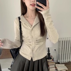 批发官图250克绵羊绒女薄款2025秋季新款纯色短款外套<b class='q'>翻领</b>上衣长袖t恤