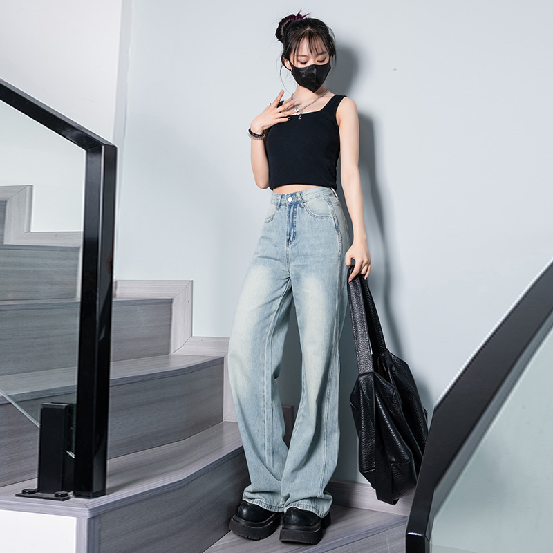 實拍~闊腿直筒牛仔褲女2024年春季春色系顯高顯瘦新款超柔ins潮