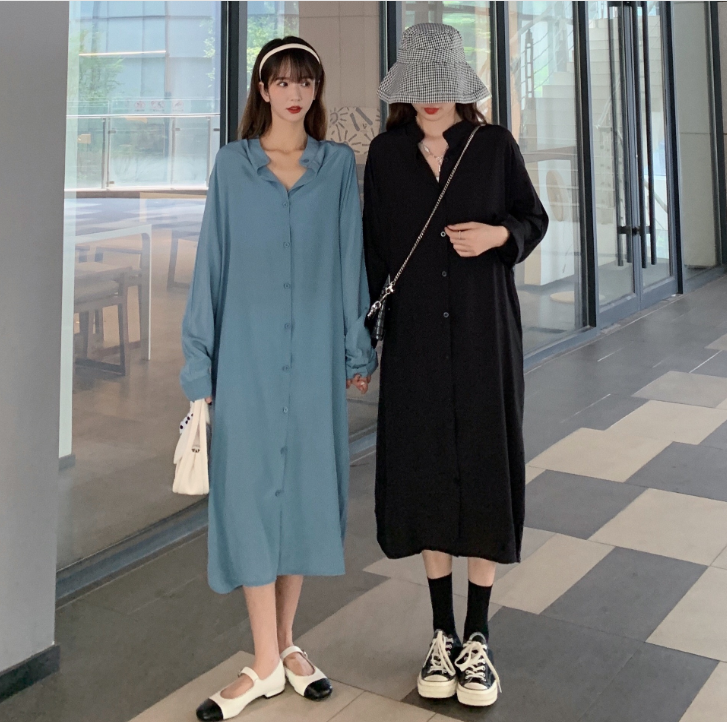 여름 드레스 새로운 빅 사이즈 여성 의류 지방 mm 셔츠 루즈핏 롱 코트 트임 여성의 아파트 꿀 셔츠