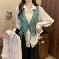 批发特价库存实拍大码女装<b class='q'>春</b>款胖mm气质中式国风印花假两件衬衫上衣