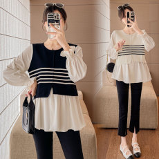 批发实拍新款2025孕妇装秋季宽松条纹上衣拼接设计感假两件衬衫娃娃衫