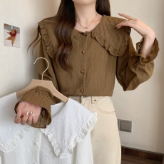 批发实拍2026早春新款法式娃娃领纯色衬衫设计感长袖衬衣