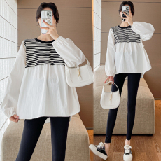 批发实拍孕妇秋装新款上衣条纹拼接长袖宽松衬衣法式纯棉孕妇装<b class='q'>春</b>秋款