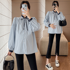 批发实拍孕妇衬衣秋款纯棉韩版时尚上衣中长款纯色减龄可爱宽松衬衣