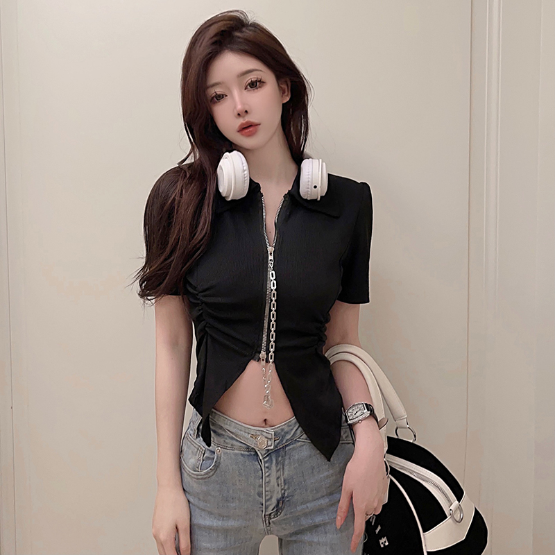 實拍~夏季設計感不規則polo領短袖t恤女ins潮辣妹顯瘦短款上衣