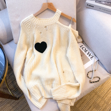 实拍 大货 2025秋装新款爱心露肩宽松慵懒风设计感针织衫毛衣女