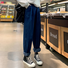 批发实拍松紧腰<b class='q'>哈伦</b><b class='q'>牛仔</b>裤女宽松显瘦老爹裤弹力高腰遮肉胖mm萝卜裤子