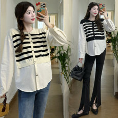 批发实拍新款孕妇设计感娃娃衫小清新宽松显瘦条纹百搭衬衫减龄上衣