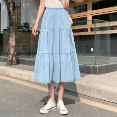 批发拼接牛仔<b class='q'>半身裙</b>女夏新款松紧腰中长款蛋糕裙显瘦高腰A字半裙长裙