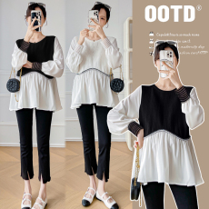 批发实拍<b class='q'>春</b>装新款孕妇拼接娃娃衫小清新宽松显瘦时尚百搭衬衫减龄上衣