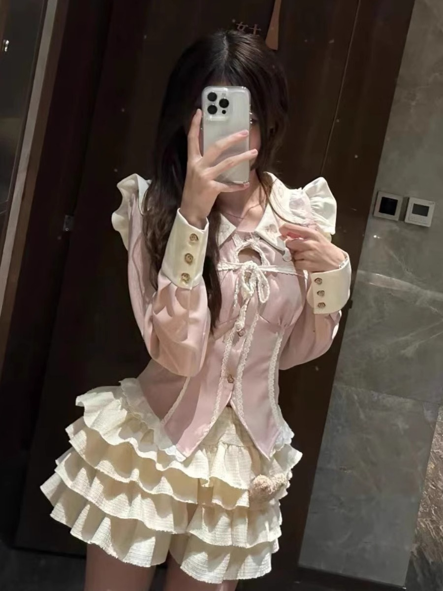 小個子甜美套裝粉色娃娃領長袖襯衫上衣女裝春秋蛋糕半身裙兩件套