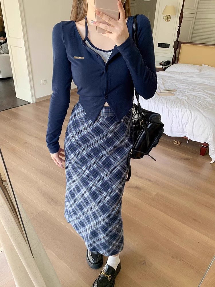 美式學院風套裝小眾假兩件針織上衣女裝秋裝格子半身裙長裙兩件套
