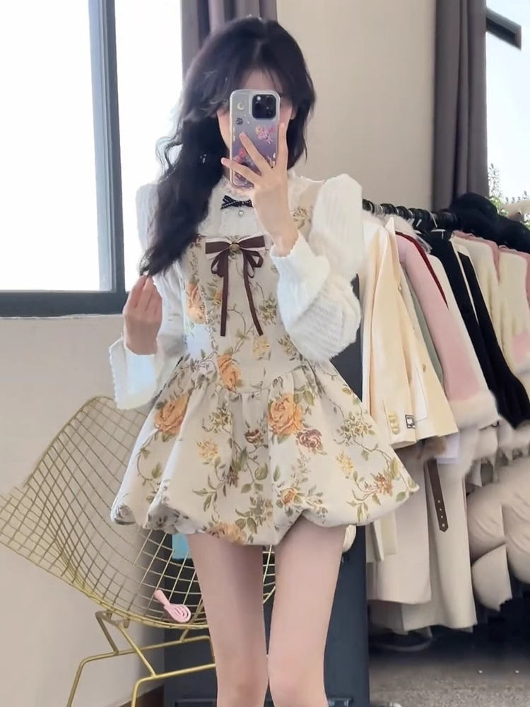 法式甜美小清新吊帶裙套裝女春秋新款小個子穿搭收腰顯瘦兩件套