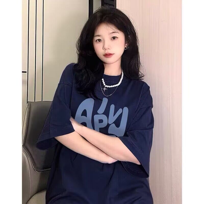 美式復古藏青色純棉短袖t恤女夏季新款oversize寬鬆情侶半袖上衣