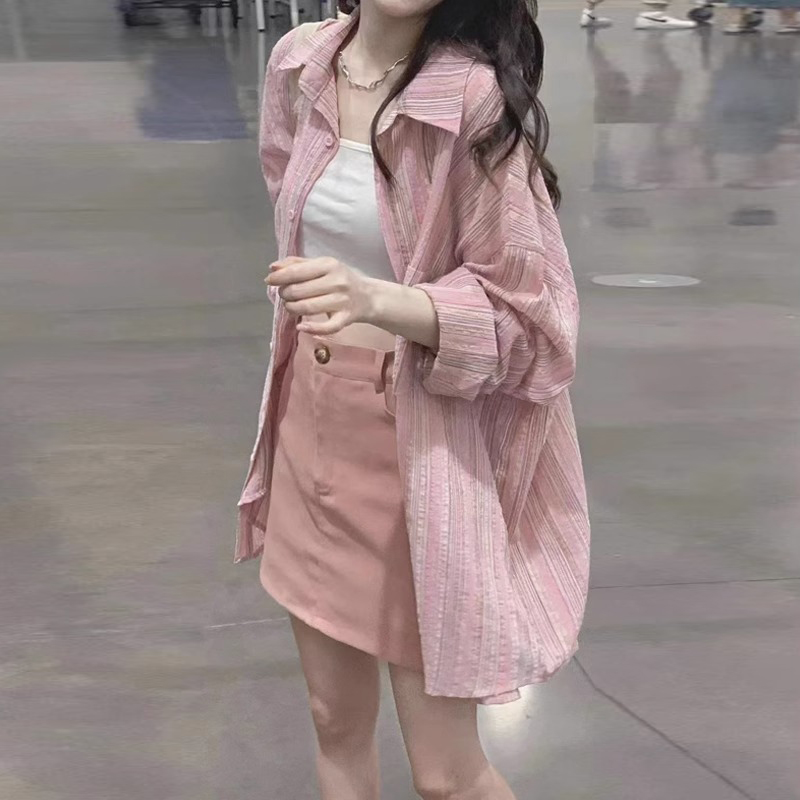 여름 드레스 빅 사이즈 여성 의류 한국 chic 핑크색 스트라이프 셔츠 디자인 센스 느긋한 바람 자외선 차단 셔츠