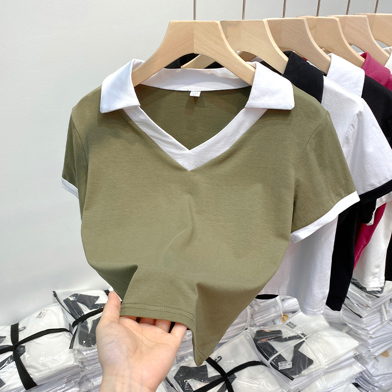 撞色翻領正肩短袖Polo衫女夏季顯瘦短款t恤洋氣假兩件別致上衣潮