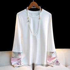 批发中国风刺绣长袖T恤女设计感复古国潮<b class='q'>休闲</b>宽松百搭白色上衣打底衫